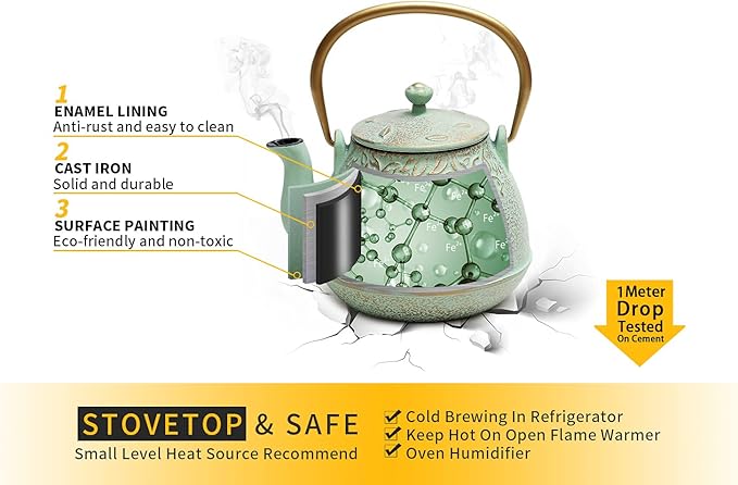 Toptier Tea Kettle for Stove Top, Cast Iron Teapot Stovetop Safe with Infusers for Loose Tea, 54 oz, Light Green