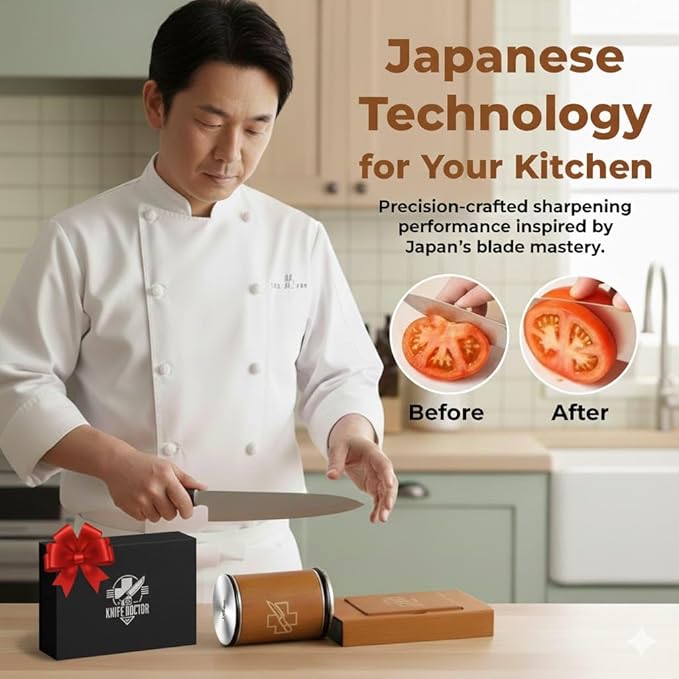 The Knife Doctor™- Professional Rolling Knife Sharpener Kit - Two-Piece Wooden Block Knife Sharpening System for Kitchen, Japanese & Pocket Knives - 15-20 Degree Angles with Magnetic Guide & 3 Discs