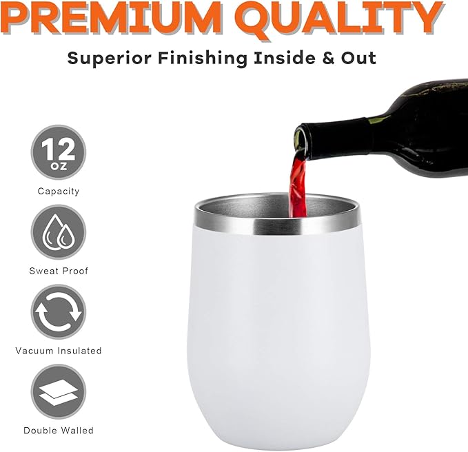COMOOO 12oz Stainless Steel Wine Tumbler with Lid and Straw, Double Wall Vacuum Insulated Travel Tumbler Cup Stemless for Hot and Cold Drinks, Coffee, Wine, Cocktails, White