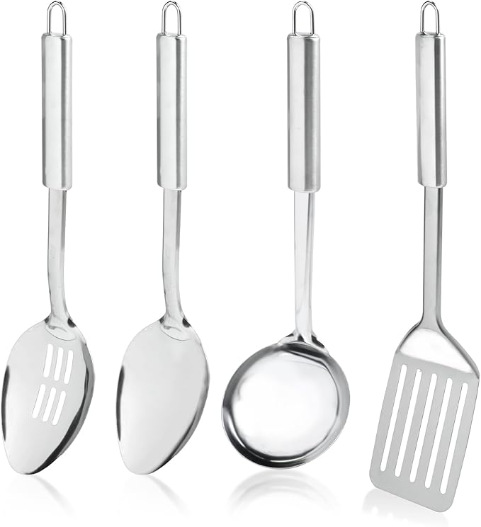 4 Pack Stainless Steel Cooking Utensils Set, Kitchen Utensils Set, Slotted Spoon, Soup Ladle, Serving Spoon and Slotted Spatula, Ergonomic Handle, Dishwasher Safe
