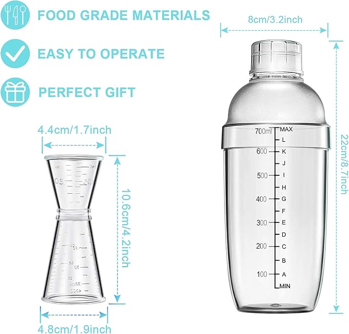4 pcs Clear Cocktail Shaker Set 2 pcs Plastic bar Shaker with 2 pcs Plastic Cocktail Double Measuring Jigger
