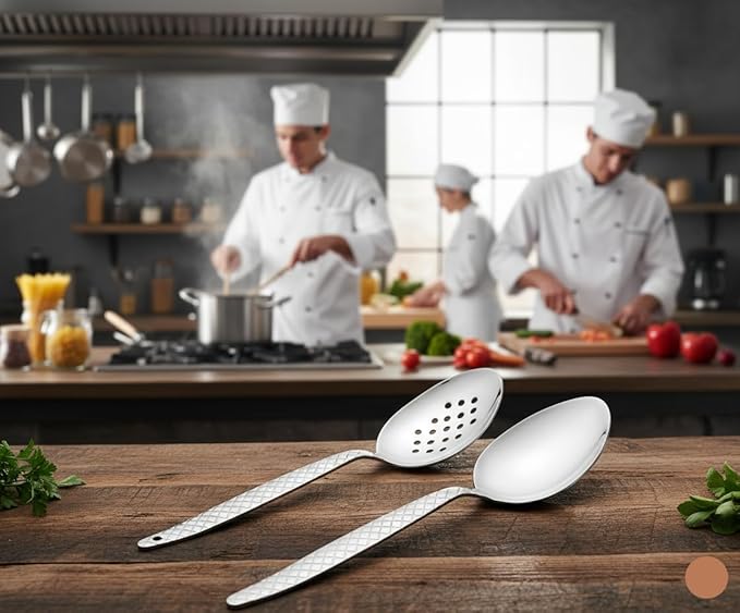 Chef Kunz Spoon | Pack of 2 | 18/10 Stainless Steel Professional Chef's 9 inch Solid Bowl Silver Plating Spoon | Non-Slip Grip Spoons for Basting, Quenelle, Serving, Sauces