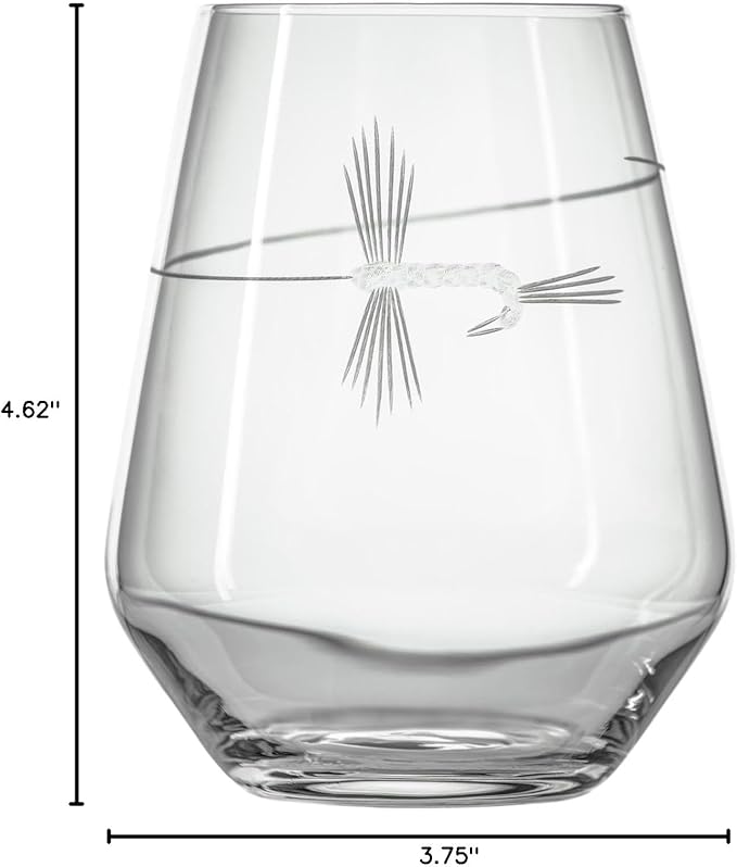 Rolf Glass | Fly Fishing Stemless Wine Tumbler 18 ounce | Stemless Wine Glasses | Set of 4 | Lead-Free Glass | Engraved Tumbler Glasses | Made in the US