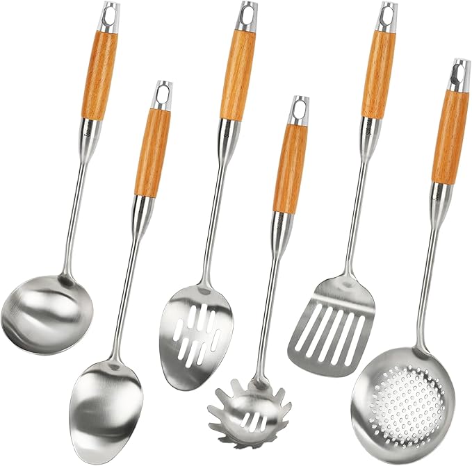 6 Packs 304 Stainless Steel Kitchen Cooking Utensils, 15 inch Cooking Utensils Tools, Turner, Ladle, Spoons & Pasta Server, Wooden Handle