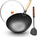 WANGYUANJI 12.6 Inch Flat Bottom Iron Wok with Glass Lid and Wooden Handle, Non-Coated, Naturally Nonstick Stir Fry Pan for Gas, Electric & Induction Stovetops