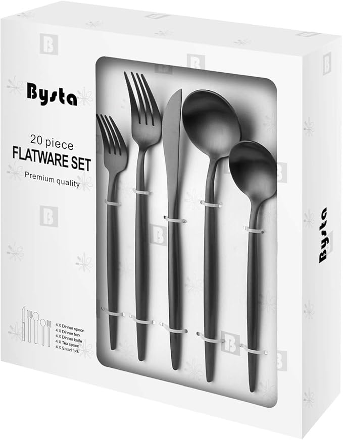 Matte Black Silverware Set, Bysta 20-Piece Stainless Steel Flatware Set Cutlery Set Service For 4, Satin Finish, Dishwasher Safe, Nice Gift Box