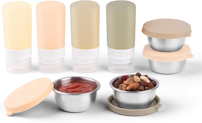8-Pack Salad Dressing Container To Go, 2-oz Silicone Small Condiment Squeeze Bottles and 1.6 oz Stainless Steel Sauce Containers Cups, Leakproof Condiment Containers with Lids for Lunch Box