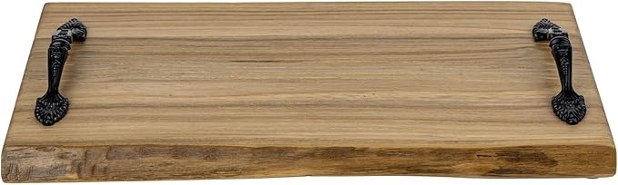 MyGift 14 Inch Vintage Solid Reclaimed Wood Serving Tray with Black Metal Handles, Rustic Wooden Decorative Display Platter, Home Table Kitchen Counter Decor