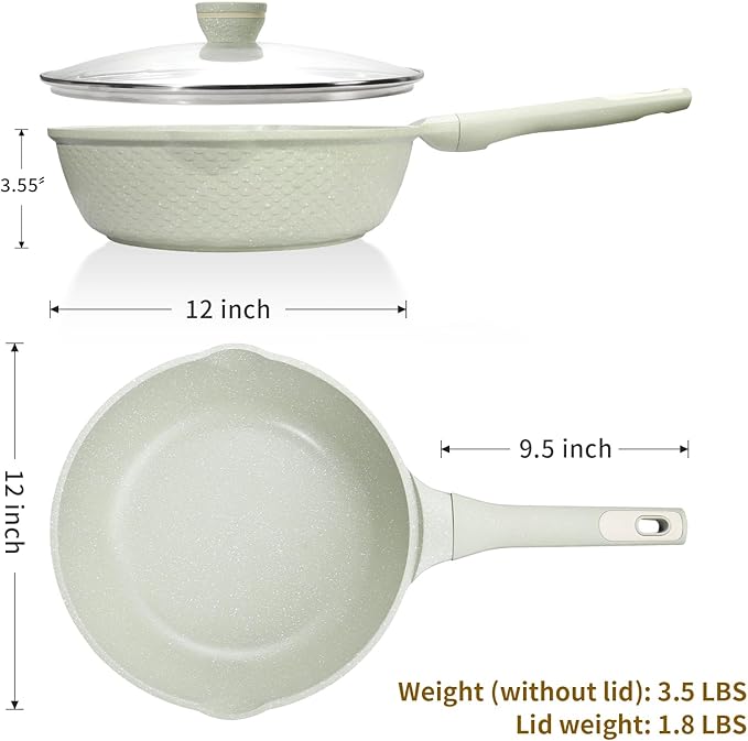 12 Inch Nonstick Saute Pan with Lid - 5.5Qt Large Deep Frying Skillet, PFOA/PFAS Free & Dishwasher Safe, All Stovetop Compatible Including Induction