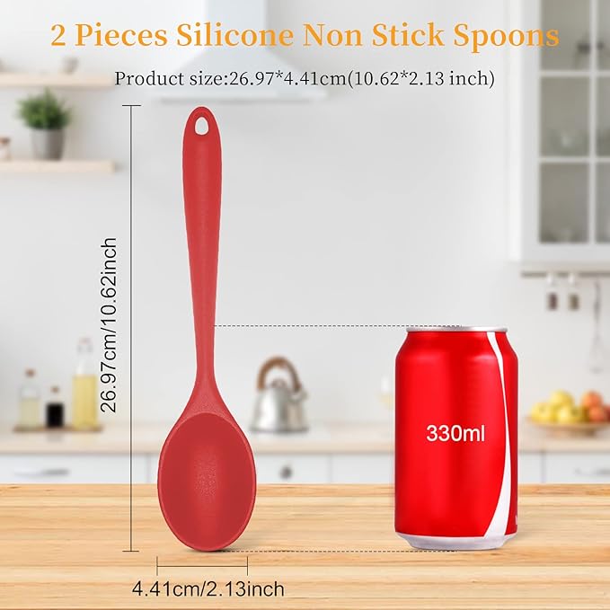 2 Pcs Silicone Nonstick Mixing Spoon, 10.6Inch Silicone Spoons for Cooking Heat Resistant, Cooking Utensil for Kitchen Cooking Baking Stirring Serving (Red,Black)