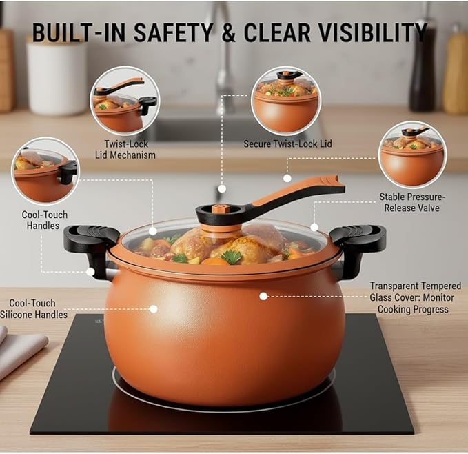 Multifunctional Large Capacity Non-stick Pressure Cooker, Micro Electric Pressure Cooker Pot Anti Scalding Handle Transparent Pot and Pan for Culinary Styles(Orange)