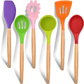 Cooking Utensils Set of 6, E-far Silicone Kitchen Utensils with Wooden Handle, Non-stick Cookware Friendly, Includes Spatula/Ladle/Slotted Turner/Serving Spoon/Spaghetti Server(Multi-colored)