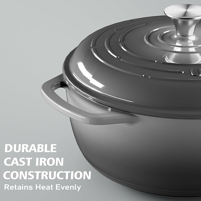 Enameled Cast Iron Dutch Oven - Umite Chef 6QT Pot with Lid & Cotton Potholders - Dual Handles -Versatile Heavy Duty Cookware for Bread Baking，Braising, Stews, Roasting（Grey）