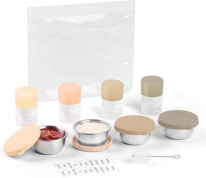 8-Pack Salad Dressing Container To Go, 1-oz Silicone Small Condiment Squeeze Bottles and 1.6 oz Stainless Steel Sauce Containers Cups, Leakproof Condiment Containers with Lids for Lunch Box