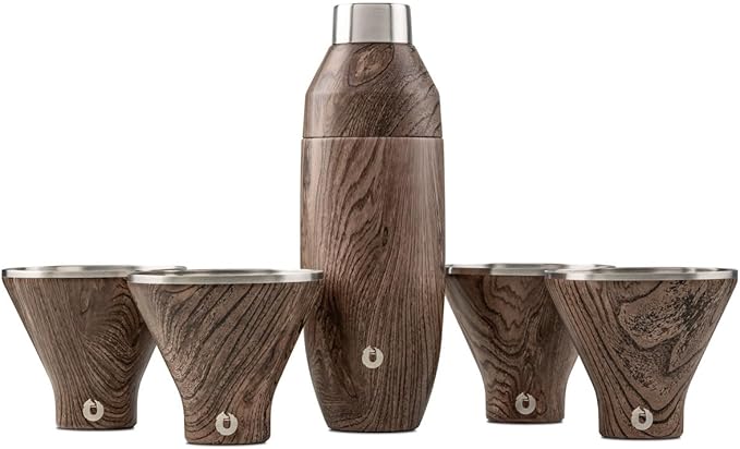 SNOWFOX Premium Vacuum Insulated Stainless Steel 22oz Cocktail Shaker and 4 Martini Glass Set, Home Bar Accessories, Elegant Drink Mixer, Leak Proof Lid & Built In Strainer, Gift Box, Dark Walnut