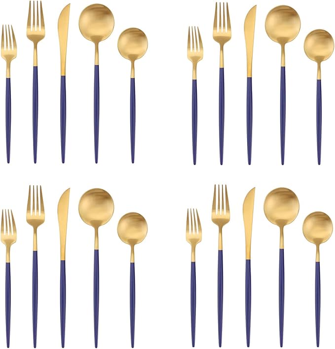 Matte Gold Silverware Set with blue handle, Bysta 20-Piece Stainless Steel Flatware Set, Kitchen Utensil Set Service for 4, Tableware Cutlery Set for Home and Restaurant, Satin Finish, Dishwasher Safe