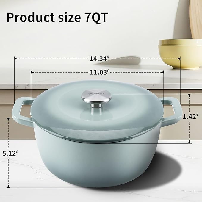 Enamel Cast Iron Dutch Oven with Lid,Dual Handles,Heavy-Duty Cookware for Sourdough Bread Baking,Braising,Stews,Roasting,Oven Safe up to 500° F,7QT,green
