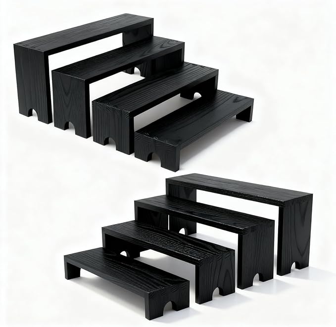 Wooden Display Stand Wood Tiered Racks, 2 Set 8 Piece Wood Display Shelf for Cupcake,Jewelry,Card, Vendor Events, Table Shelves Wooden Riser Organizer Dessert Showcase-Black