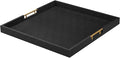 20x20 Inches Large Black Faux Leather Wrapped Wood Ottoman Tray with Handles for All Occasions, Serving Food Breakfast On Bed, Home Decor Decorative, Living Room,Square Coffee Table Organizer