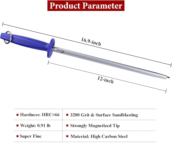 Efficient 12 Inch Honing Rod Magnetized Super Hardness Sharpening Rod Knife Sharpener Steel for Kitchen Knives Carbon Steel, Honing Steel with Gift Box Round 3200 Grit Brushed Blue