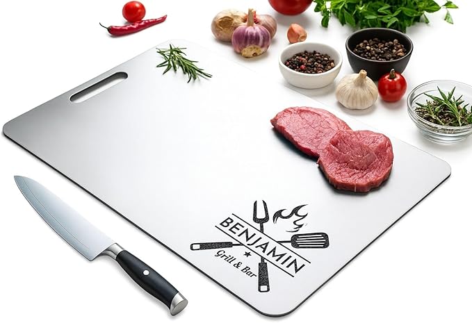Personalized Titanium Cutting Board, Pure Titanium, Stainless Steel Premium Custom Engraved Chopping Board Gift for Men, Women, Dad, Birthday, Anniversary, Christmas, Kitchen Chefs & BBQ Grill Lovers