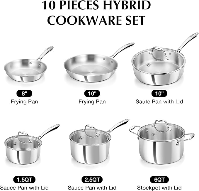 KOCH SYSTEME CS Tri-Ply Stainless Steel Cookware Set 10 Piece, Professional 18/10 Stianless Steel Pots and Pans Set, Oven & Induction Safe, Non-Toxic Kitchen Cookware Set for Family Cooking, 10pcs