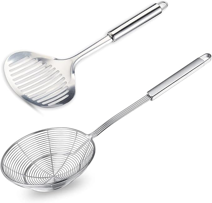 TENTA Kitchen Multi Kitchen Utensil Stainless Steel Cooking Skimmer Slotted Fish Turner Spatula Spoon Colander Drain Water Filter Spoon Ladle Spider Strainer Skimmer Ladle for Cooking &Frying (2pcs)