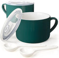 Soup Bowls with Handles & Spoons, 30oz Ceramic Ramen Bowl with Lid, Large Soup Mugs/Cups for Instant Noodle, Big Cereal Bowls for Oatmeal, Soup Containers with Lids, Set of 2, Dark Green