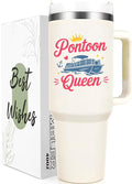 Gtmileo Pontoon Boat Gifts, Pontoon Queen Insulated Coffee Mug, Christmas Birthday Holiday Gift for Pontoon Owner Boat Lover Women (40-Oz, Beige)