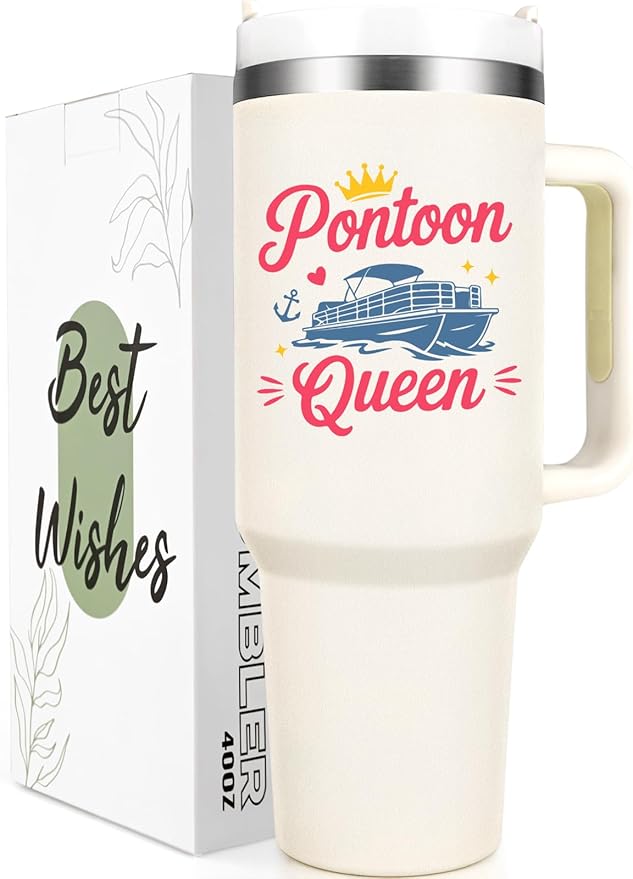 Gtmileo Pontoon Boat Gifts, Pontoon Queen Insulated Coffee Mug, Christmas Birthday Holiday Gift for Pontoon Owner Boat Lover Women (40-Oz, Beige)
