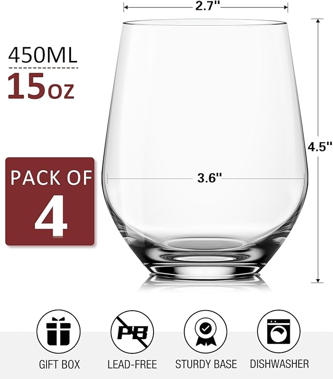 Stemless Wine Glasses Set of 4, Red White Wine Glasses, No Stem, Clear, 15oz, Premium Crystal Sturdy Drinking Glass for Daily Use, Birthday, Wedding, Home Party, Anniversary, Shower Gift