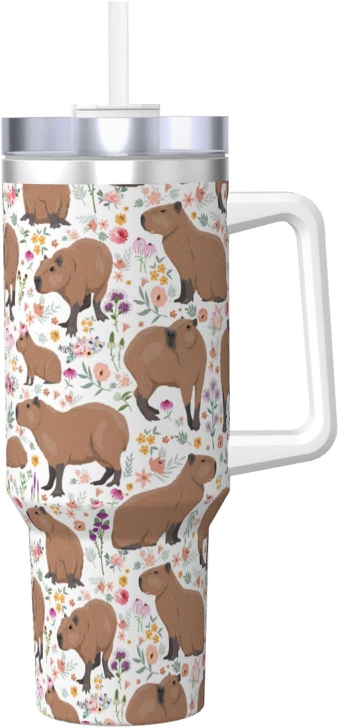 Capybara Gifts Capybara Tumbler Water Bottle Cup for Girls, Teens, Women, Men Stainless Steel Vacuum Insulated 40oz Tumbler with Lid and Straw for Water, Iced Tea or Coffee, White
