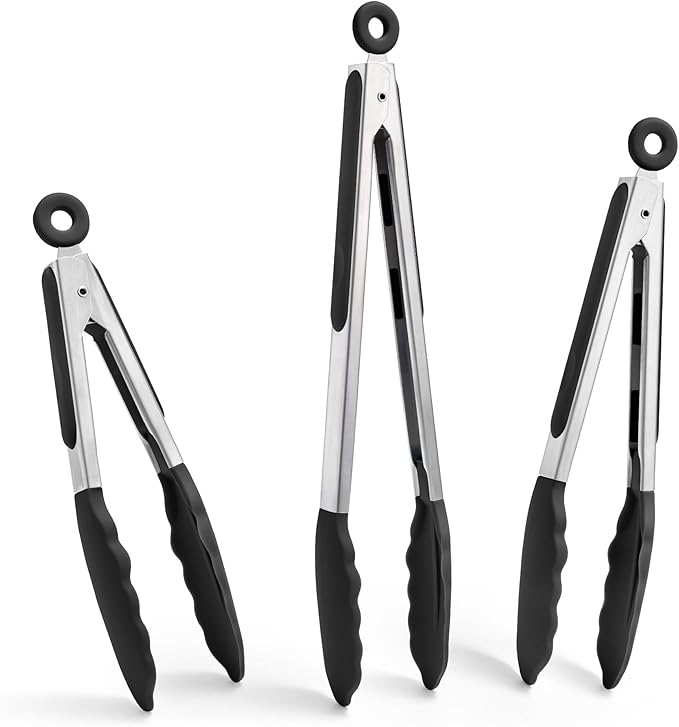Doosu Kitchen Tongs for Cooking - 600°F Heat Resistant Food Tong Set with Non-Scratch Silicone Tips, Heavy Duty Stainless Steel Locking Tong for BBQ, Grilling Steak, Serving Salad (7+9+12in, Black)