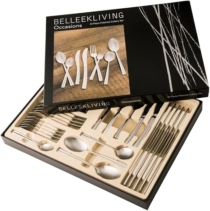Belleek Occasions 44-Piece Cutlery Set - Polished 18/10 Stainless Steel Flatware Set - Dishwasher Safe Utensils