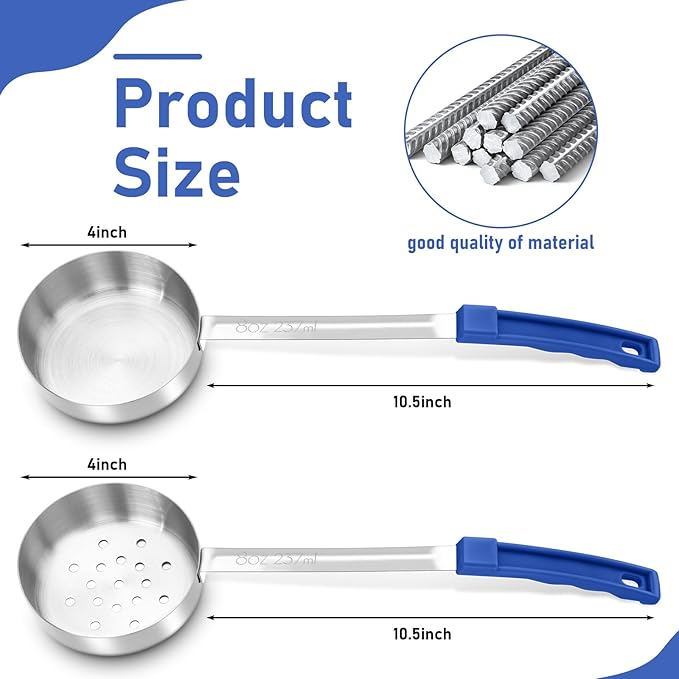 2 Pcs Portion Control Serving Spoons, Restaurant Measuring Serving Ladle Utensils, Portion Spoons for Weight Loss, Kitchen(Blue,8 oz,Solid and Slotted)