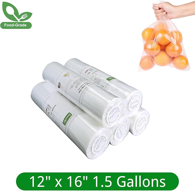 Food Storage Bags 12" x 16" 1.5 Gallons Clear Plastic Bag Roll Food-grade Plastic Produce Bag roll for lunches, Freezer & Oven-Safe PE bags for Kitchen Use, Fruits, Meat, Sandwich Bags 350/Roll