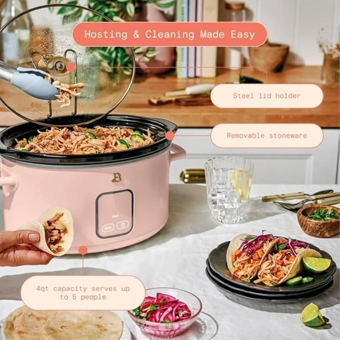 Beautiful by Drew Barrymore 4Qt Slow Cooker, Touch-Activated Display, 4 Presets, Auto Warm, Dishwasher-Safe Pot.