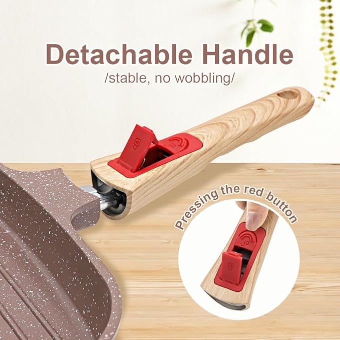 Nonstick Griddle Pan with Lid 10 Inch, Ceramic Coating, Detachable Handle, PFOA Free, Brown