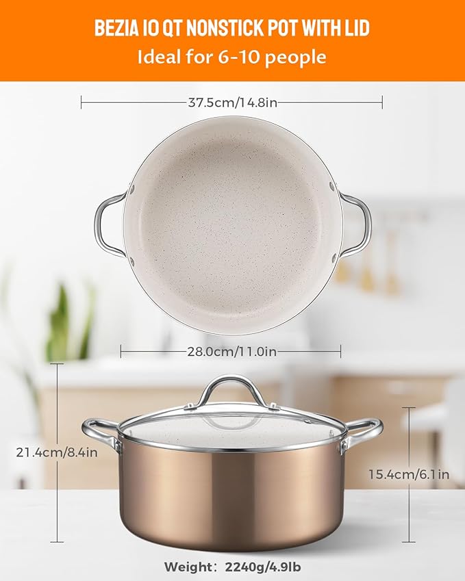 BEZIA Large 10 Quart Nonstick Cooking Pot with Lid, Induction Stock Pot, Soup Pot for All Stovetops, Non-toxic and Oven Safe, PFOA PFAS Free, Golden