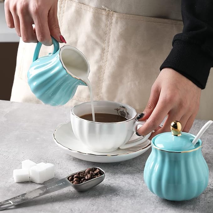 Sweejar Royal Ceramic Sugar and Creamer Set, 3 Piece Set with Cream Pitcher, Sugar Bowl, Sugar Set with Lid & Spoon, Coffee Serving Set Wedding Gift(Turquoise)