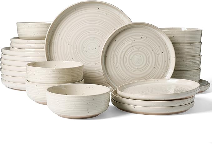 Stoneware Dinnerware Sets, Plate and Bowl Sets for 8, 24 Pieces Spiral Flared Dishware Set with Speckles & Reactive Glaze - Microwave and Dishwasher Safe Tableware, Shell Beige