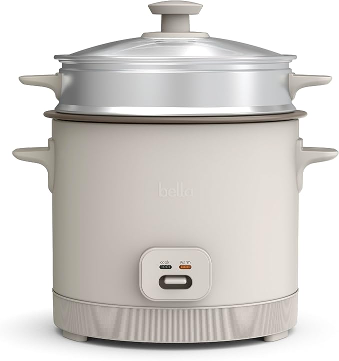 bella 16 Cup Rice Cooker with Steamer, Dishwasher Safe Steaming Basket, Rice Paddle and Measuring Cup, Removable Nonstick Cooking Bowl, Automatic Keep Warm Function, 400 Watt, Oatmilk