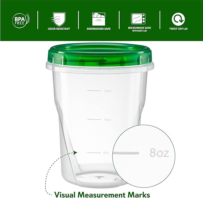 (32 Ounce 10 Pack) Twist cap Containers Clear Bottom With Green Top Screw on Lids Twist Top Food Storage Freezer Containers
