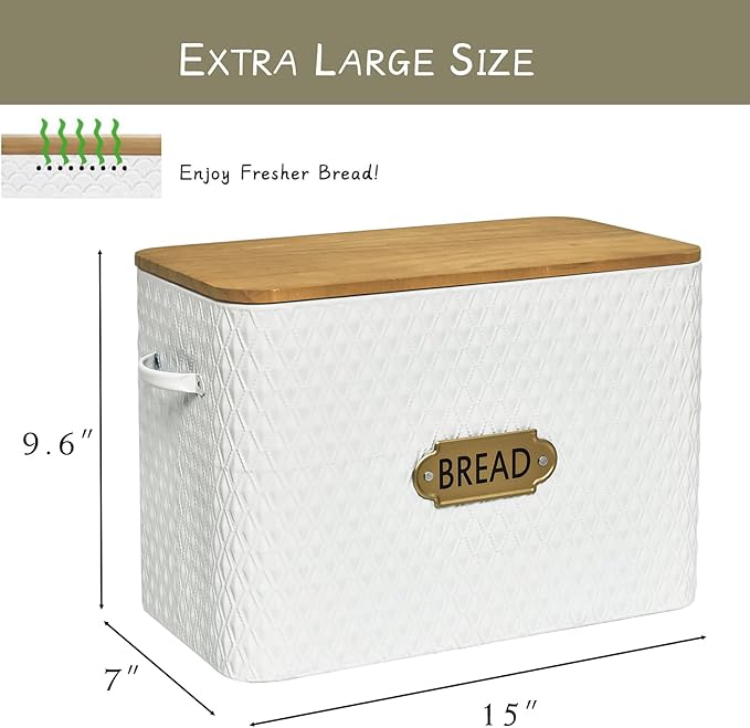 Farmhouse Style Rectangle Bread Box with Wooden Lid Vertical Spacious Bread Storage Container for Kitchen Countertop White（16.5 * 9 * 6.3 Inches