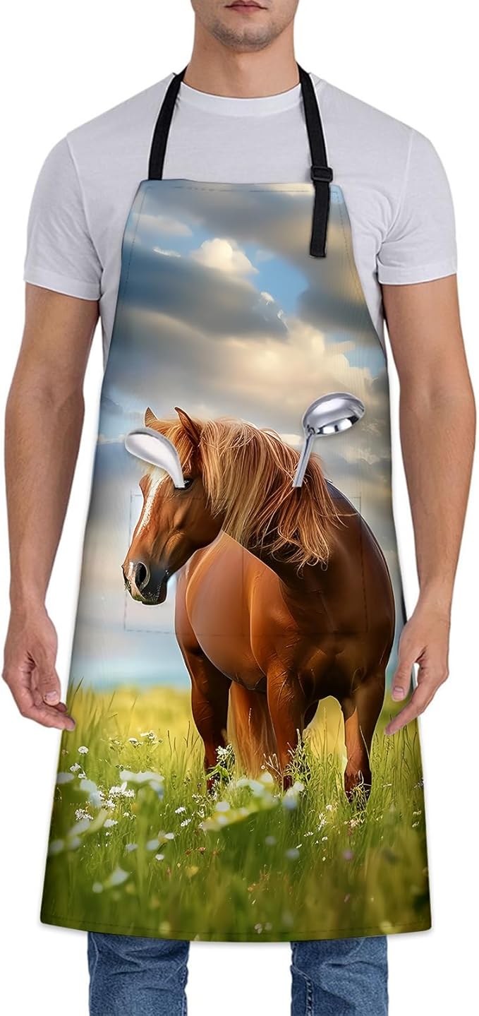 Serene Brown Horse Apron, Adjustable Kitchen Wildflower Design Aprons with Pockets for Cooking BBQ Gardening, 28×33 IN, Holiday Gifts for Women Men Wife, for Chef Baking, Oxford Fabric