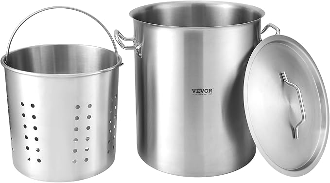 VEVOR Stainless Steel Stockpot, 42 Quart Large Cooking Pots, Cookware Sauce Pot with Strainer, Lid, and Handle, Heavy Duty Commercial Grade Stock Pot, Sanding Treatment, for Large Groups Events Silver