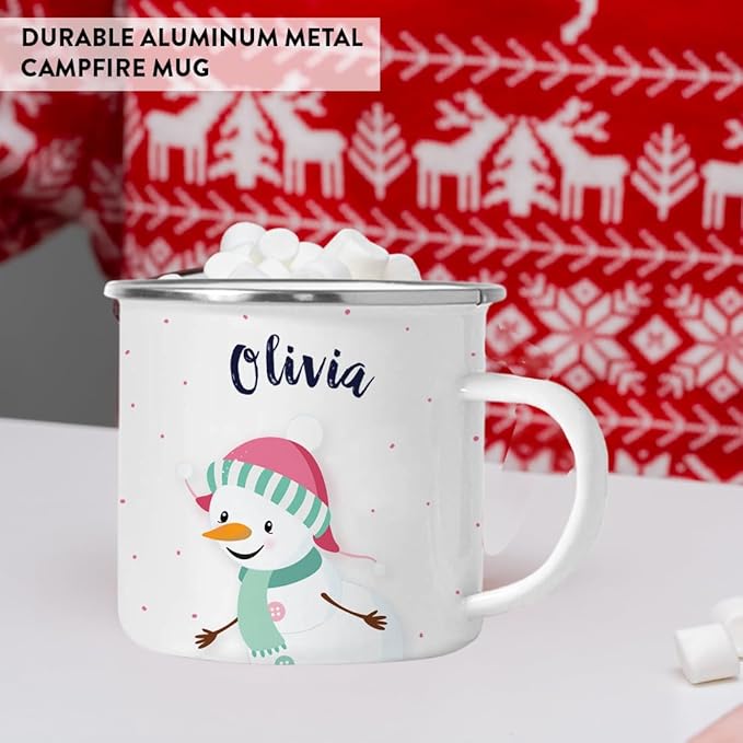 Andaz Press Personalized Name 11oz. Kids Christmas Hot Chocolate Stainless Steel Campfire Coffee Mug, Charming Snowman Aqua Scarf, 1-Pack, Custom Birthday Xmas Cup Kids Mugs For Hot Chocolate