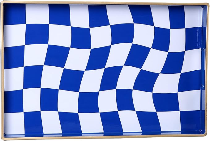 Zosenley Decorative Tray, Marbling Plastic Tray with Handles, Rectangular Vanity Tray and Serving Tray for Bathroom, Kitchen, Ottoman Tray and Coffee Table, 15.6" x 10.2" (Blue and White Checkered)