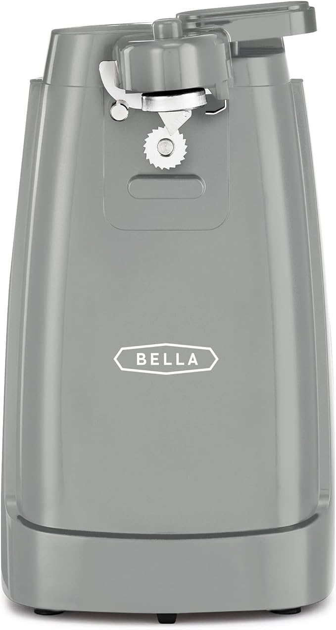 bella Electric Can Opener and Knife Sharpener, Multifunctional Bottle Opener with Removable Cutting Lever and Cord Storage, Stainless Steel Blade, Gray
