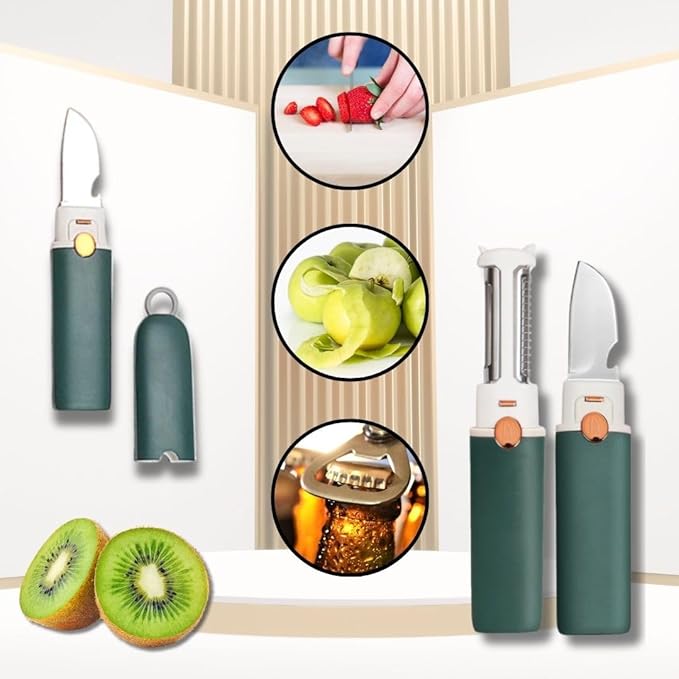 Foldable Cutting Board Great for Fruits-Veggies, Includes Built-in Peeler, Grater and Small Knife with Bottle Opener, Ergonomic Design for Kitchen and Travel, Color May vary on Green or Orange.